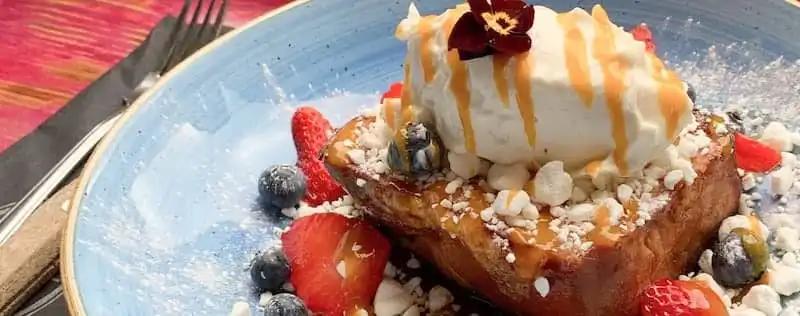 a close up of a plate of food with ice cream and berries on a table .