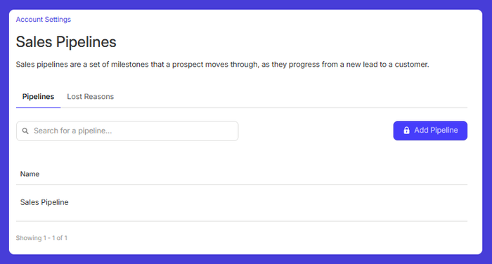 Screenshot of the Sales Pipelines settings in Capsule, displaying one default pipeline with options to search or add new pipelines.