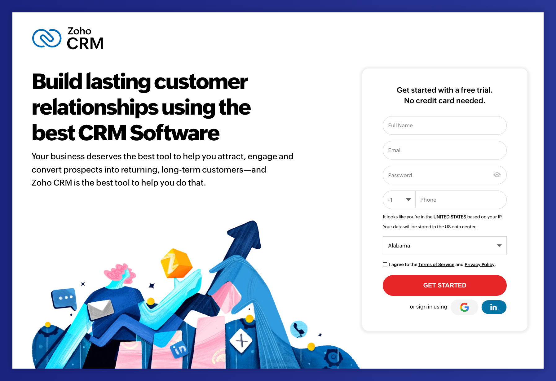 Zoho CRM landing page featuring the headline "Build lasting customer relationships," a free trial sign-up form, and a colorful abstract business illustration.