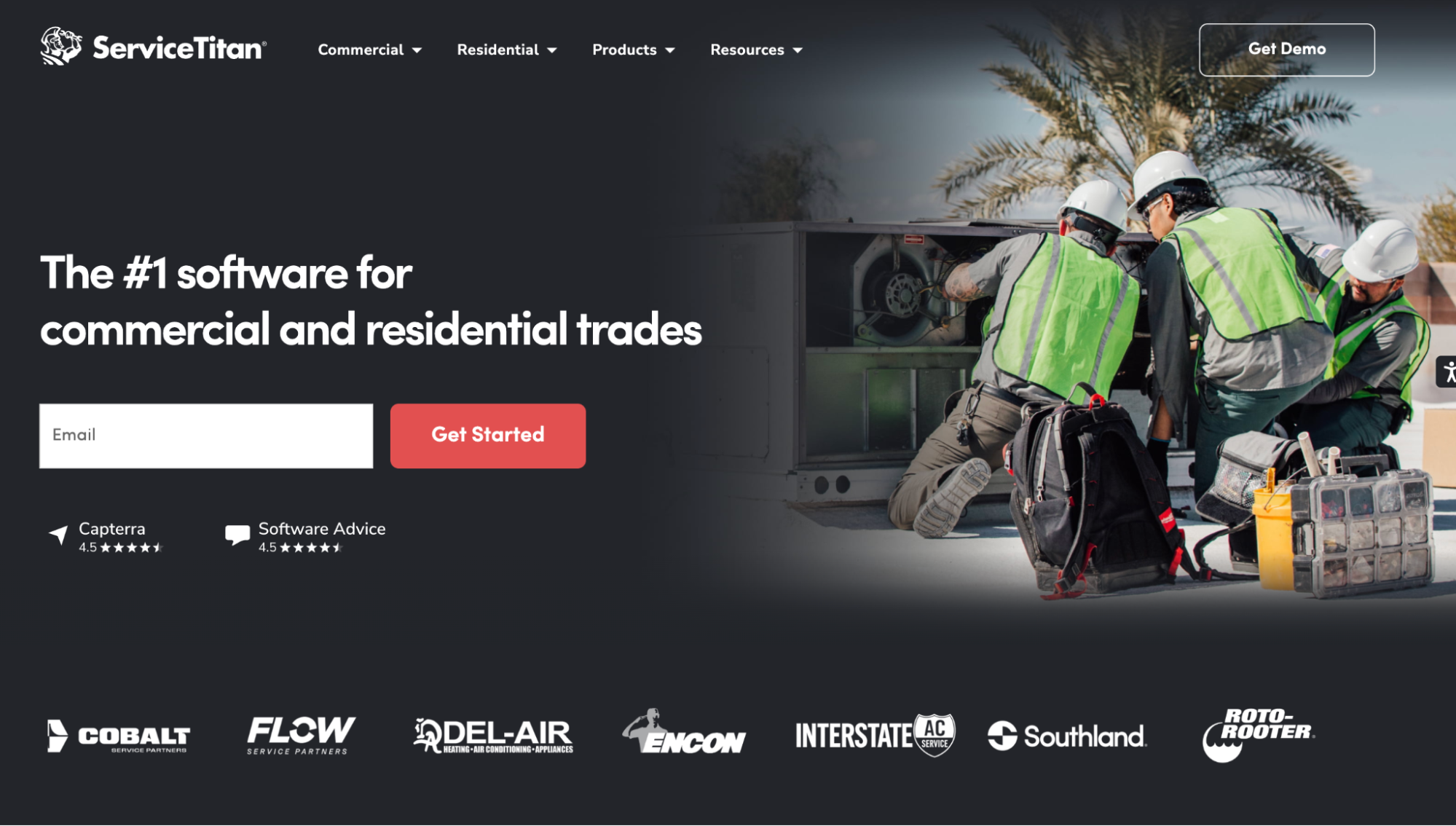 ServiceTitan homepage promoting its software for commercial and residential trades, with technicians working on an HVAC unit.