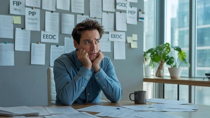 A man in a denim shirt looks stressed at a desk covered in paperwork, with a wall full of pinned documents labeled FIP, EEOC, and PIP.