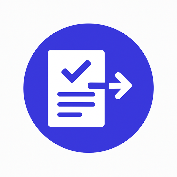 A circular blue icon showing a checklist and an arrow, indicating submission, export, or task completion.