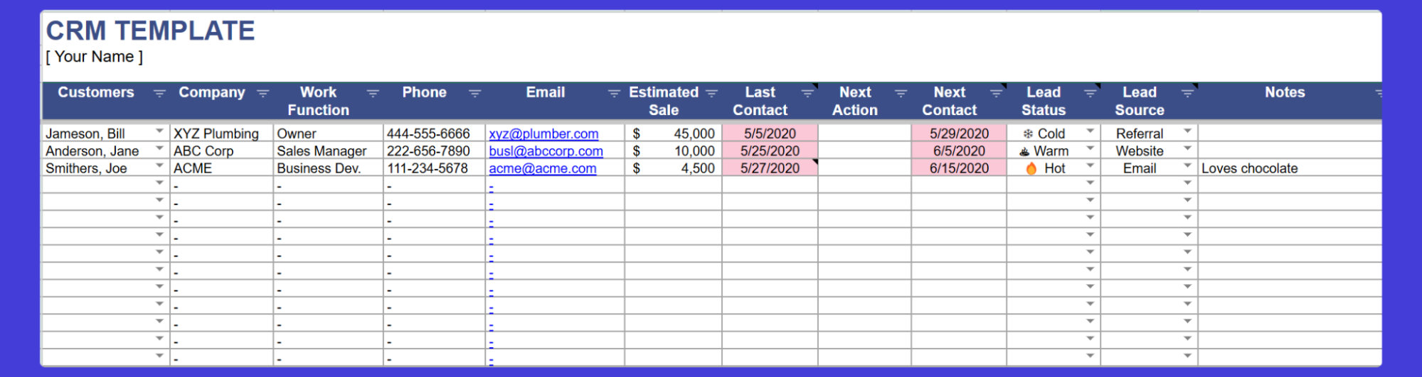 CRM Excel template for sales teams.