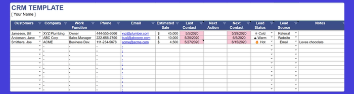 CRM Excel template for sales teams.