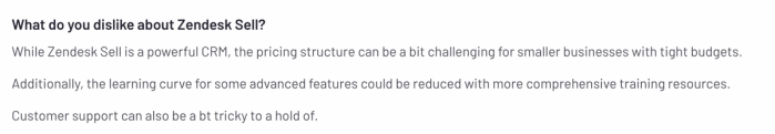 Zendesk Sell review outlining concerns with pricing for small businesses, a steep learning curve, and difficulty reaching customer support.