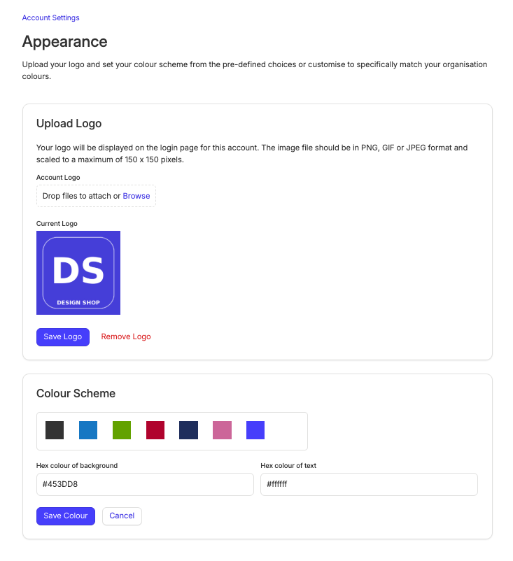 Página completa de apariencia de la cuenta con el logotipo de bookingly cargado