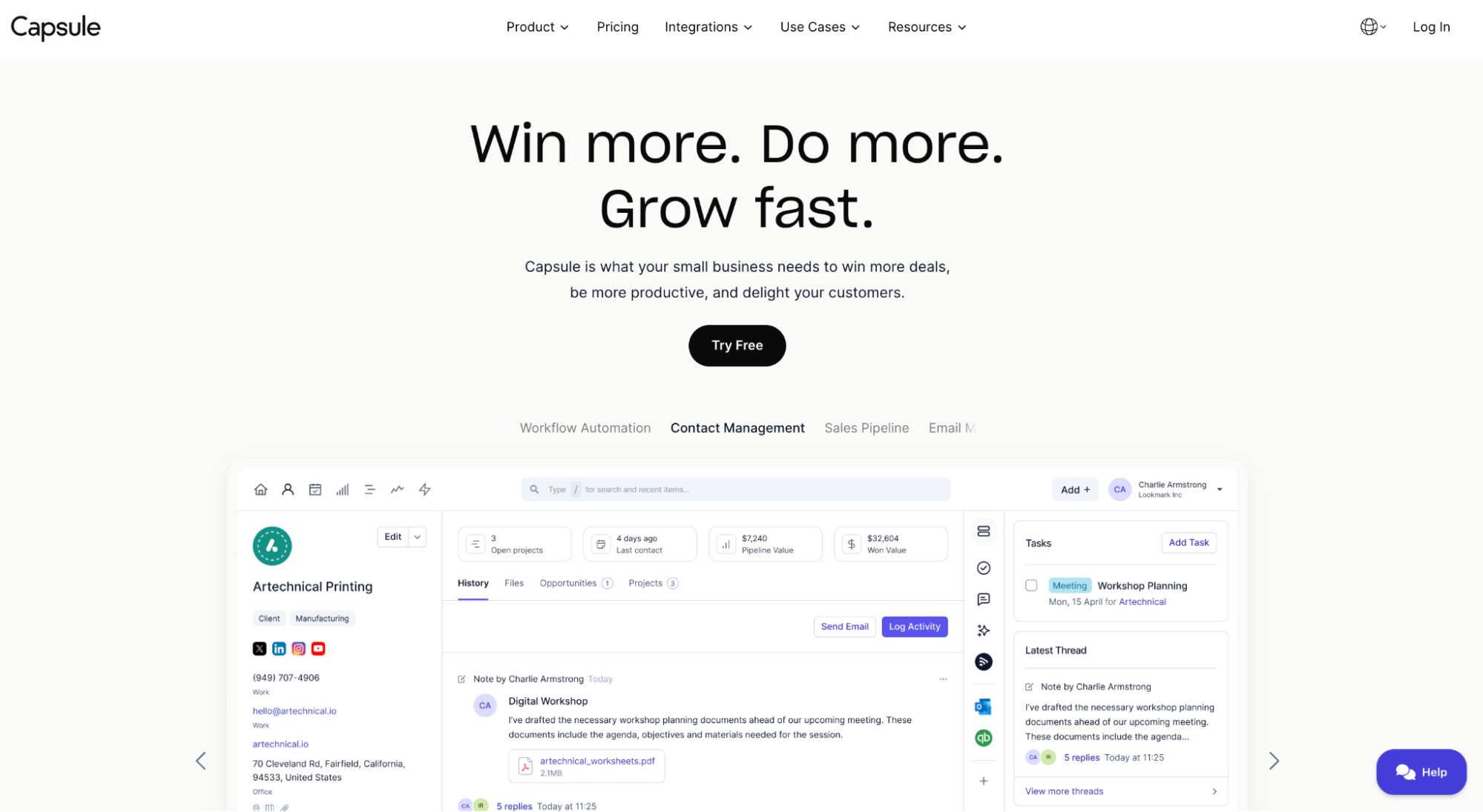 A Capsule CRM website landing page featuring the headline "Win more. Do more. Grow fast." and a screenshot of its contact management interface.