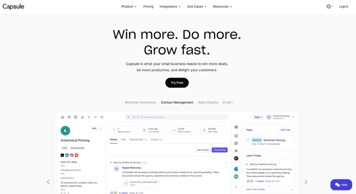 Capsule CRM homepage with the tagline "Win more. Do more. Grow fast." and a screenshot of its contact management interface.