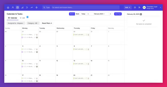 Capsule’s calendar and task planner in month view for February 2025, displaying scheduled tasks and filter options across the top.
