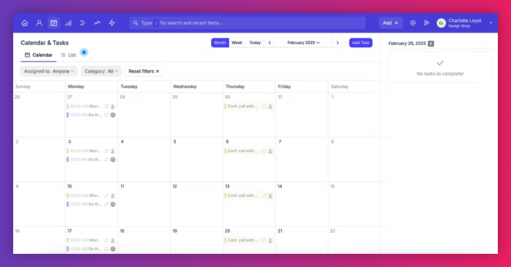 Capsule’s calendar and task planner in month view for February 2025, displaying scheduled tasks and filter options across the top.