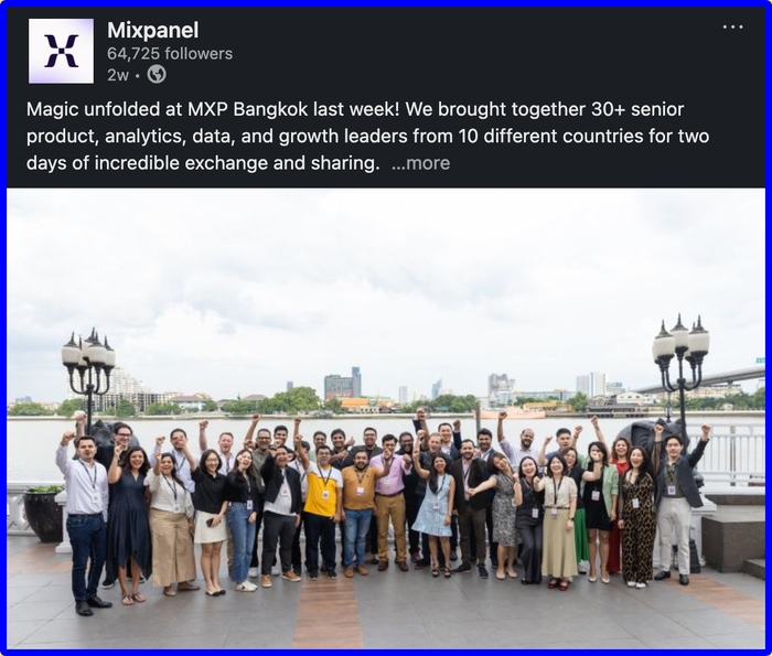 A Facebook post from Mixpanel shows a group of people posing for a picture.