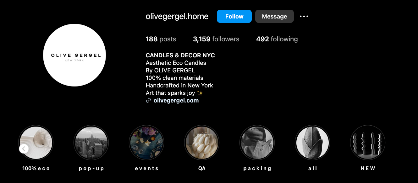  Instagram profile for Olive Gergel, a New York-based brand selling handcrafted eco candles, featuring highlight icons.