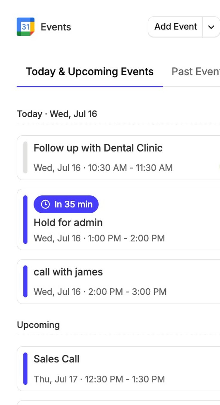 Resumen de la barra lateral de Google Calendar en Capsule