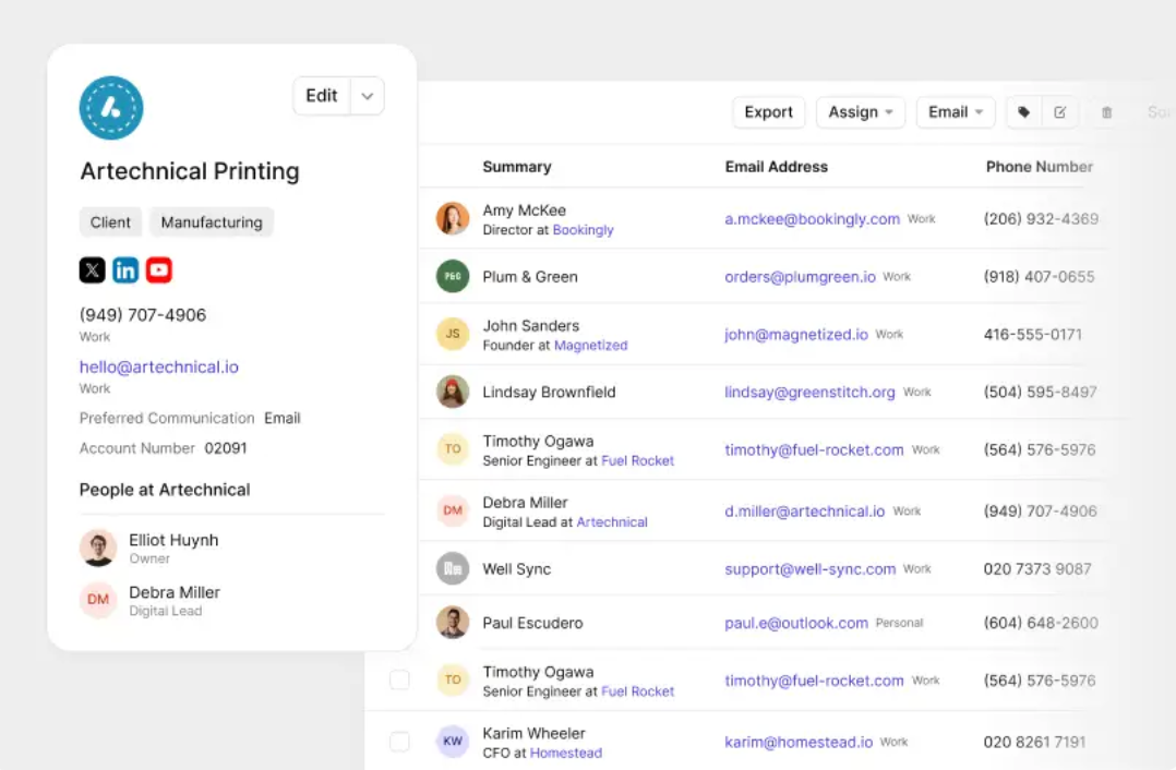 A contact management software interface showing details for "Artechnical Printing" on the left and a list of contacts with names, emails, and phone numbers on the right.