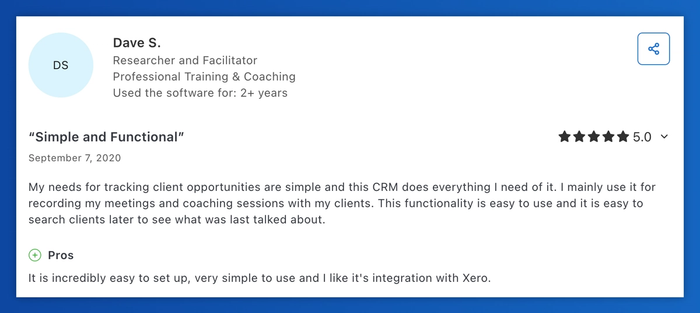 Dave S. rates Nimble five stars, praising its simplicity and effectiveness in tracking coaching sessions and integrating with Xero.