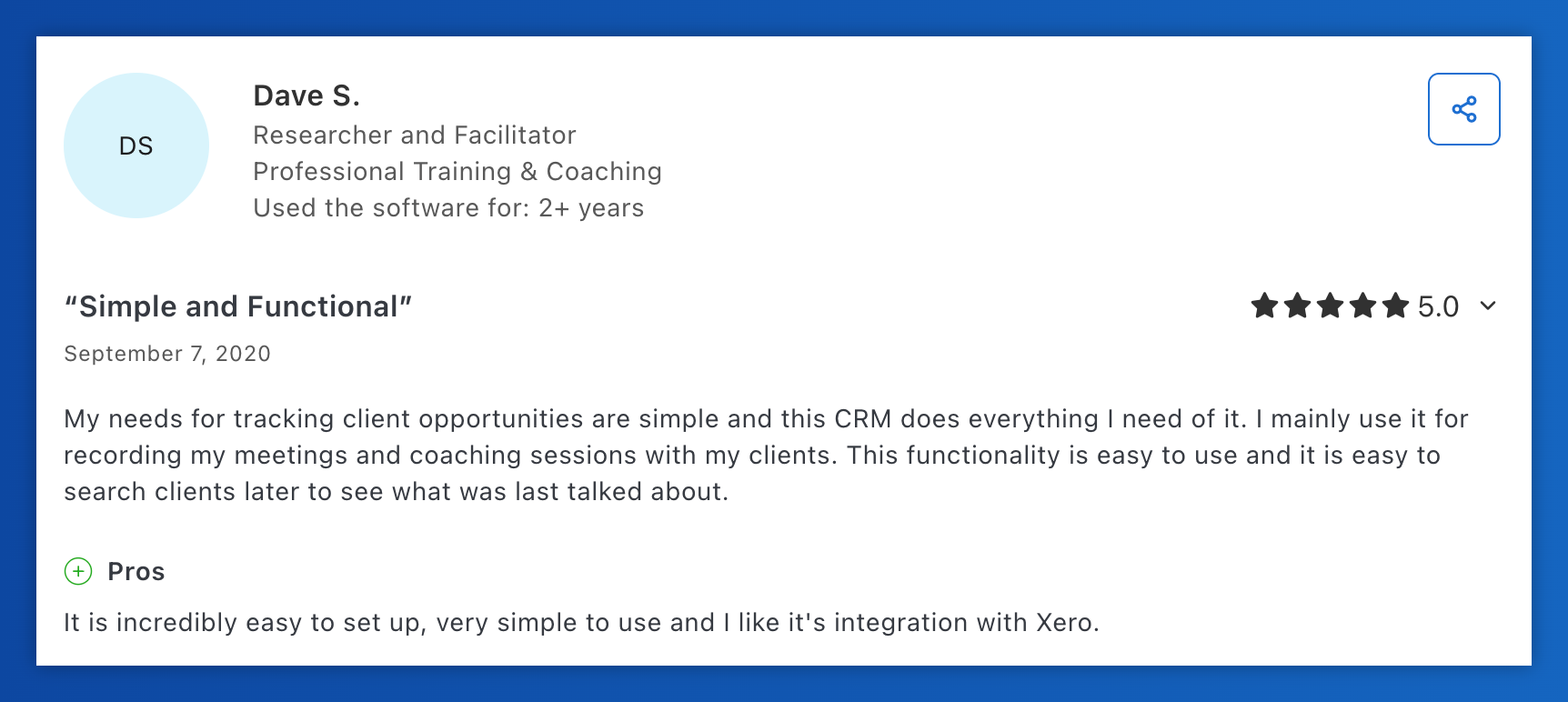 Dave S. rates Nimble five stars, praising its simplicity and effectiveness in tracking coaching sessions and integrating with Xero.