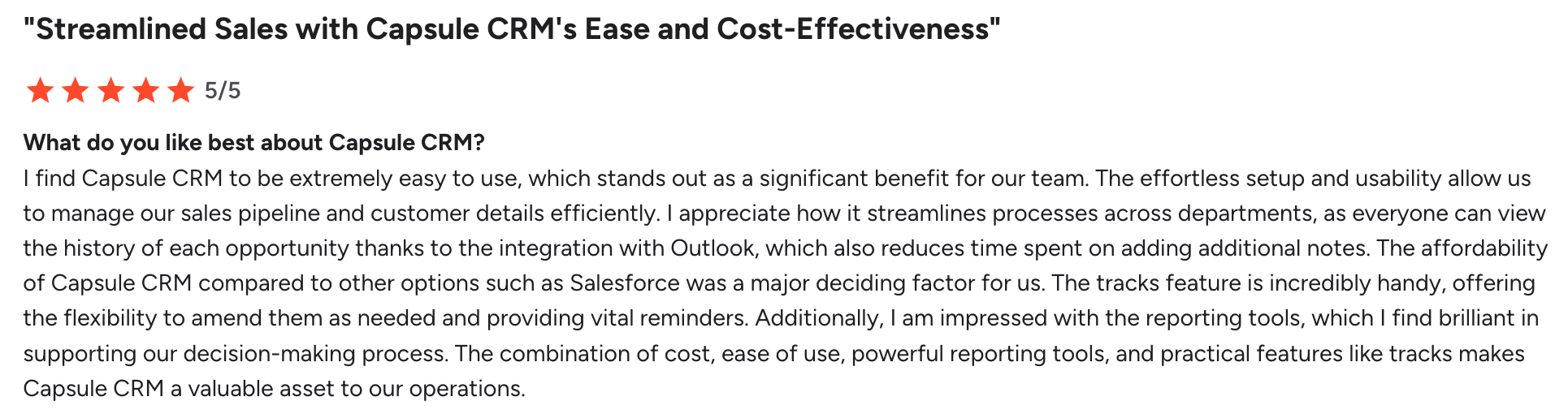 A 5-star customer review for Capsule CRM, highlighting its ease of use, cost-effectiveness, and features.