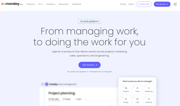 The monday.com homepage, featuring the headline "From managing work, to doing the work for you," an "AI work platform" label, and a "Get Started" button.