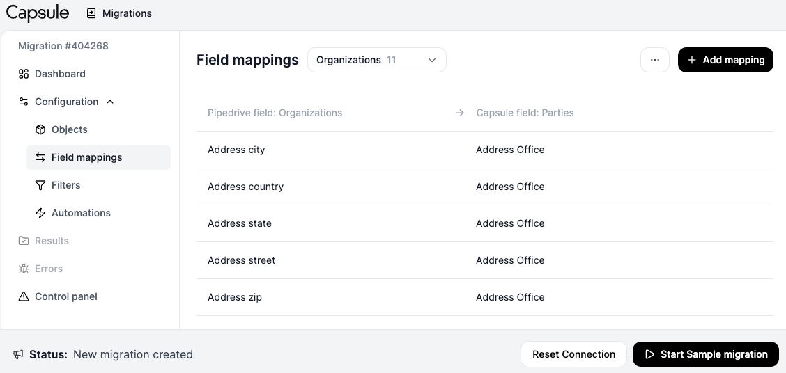 mostrando la página de configuración de import2 para la asignación de campos