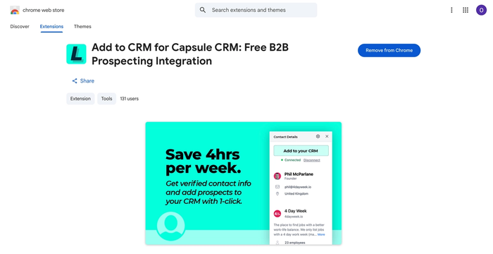 A screenshot shows the Chrome Web Store page for the 'Add to CRM for Capsule CRM' extension, showing preview image with fake contact details and text that reads 'Save 4hrs per week'.