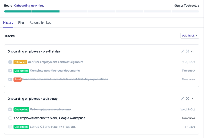 a screenshot shows customizable Tracks created for different stages of onboarding new employees
