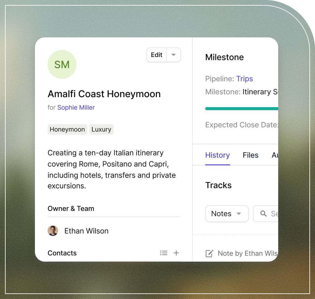 Capsule UI screenshot showing details for an Amalfi Coast Honeymoon trip for Sophie Miller.