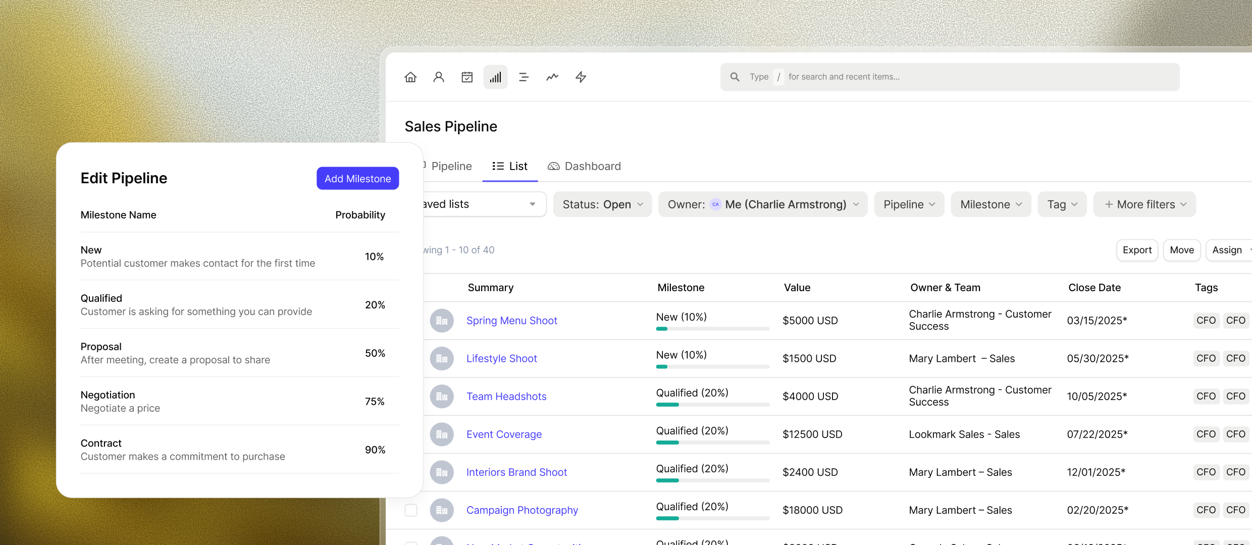 A sales pipeline management dashboard displaying a list of deals and a panel for editing pipeline milestones.