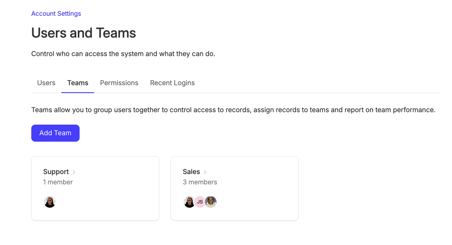 2 example teams in account settings