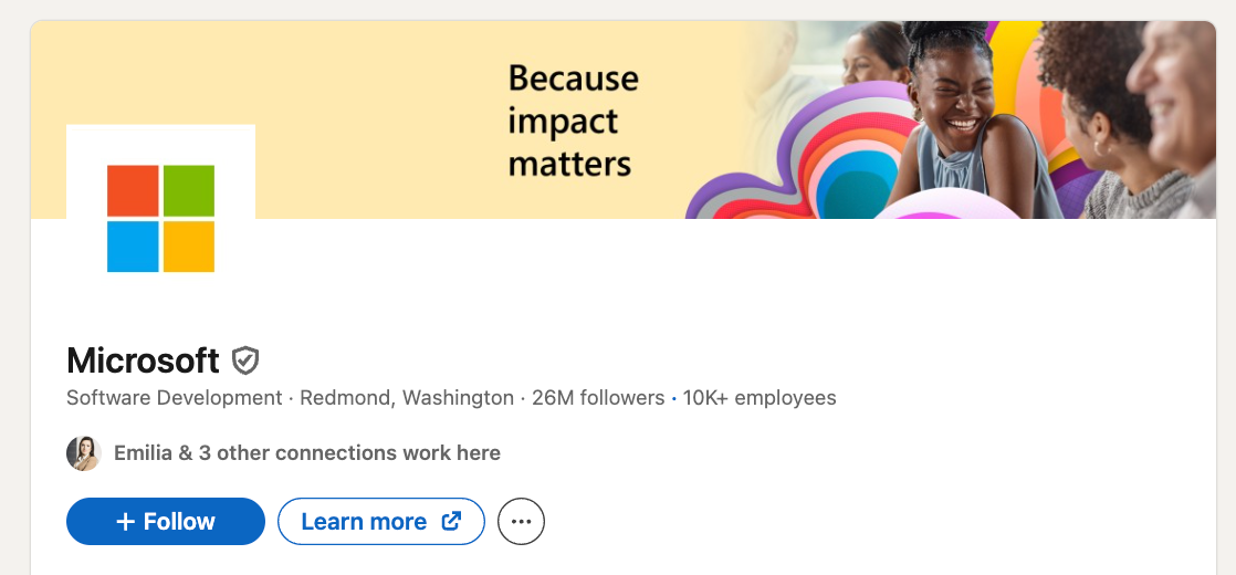 Microsoft LinkedIn page with company banner and follow button.