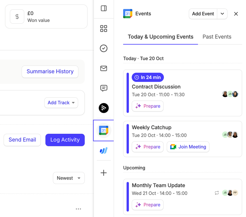 Overview of the Google Calendar sidebar in Capsule