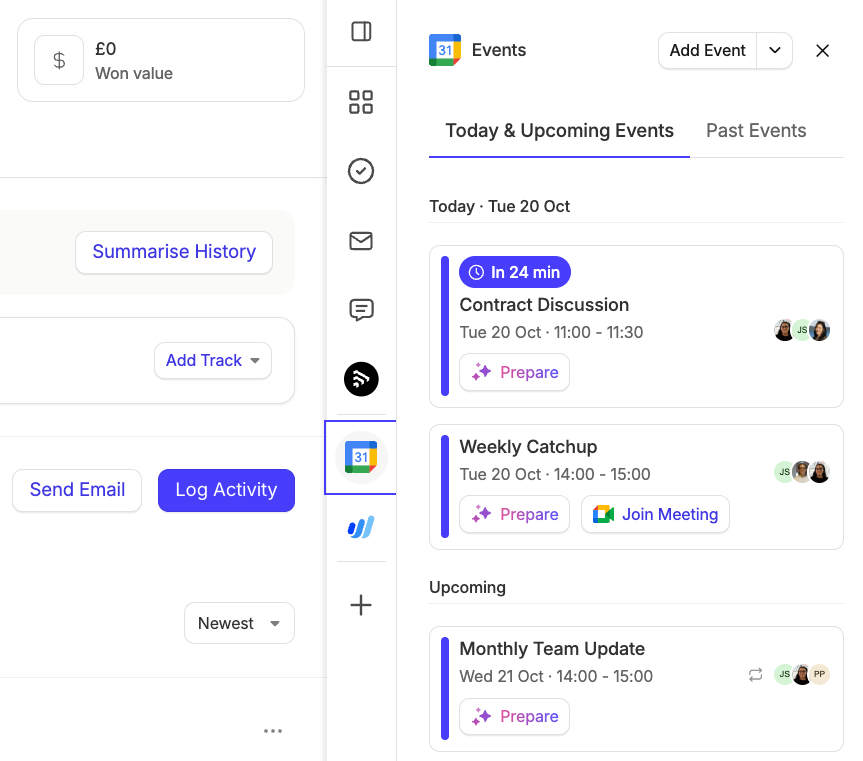 Visão geral da barra lateral do Google Calendar no Capsule