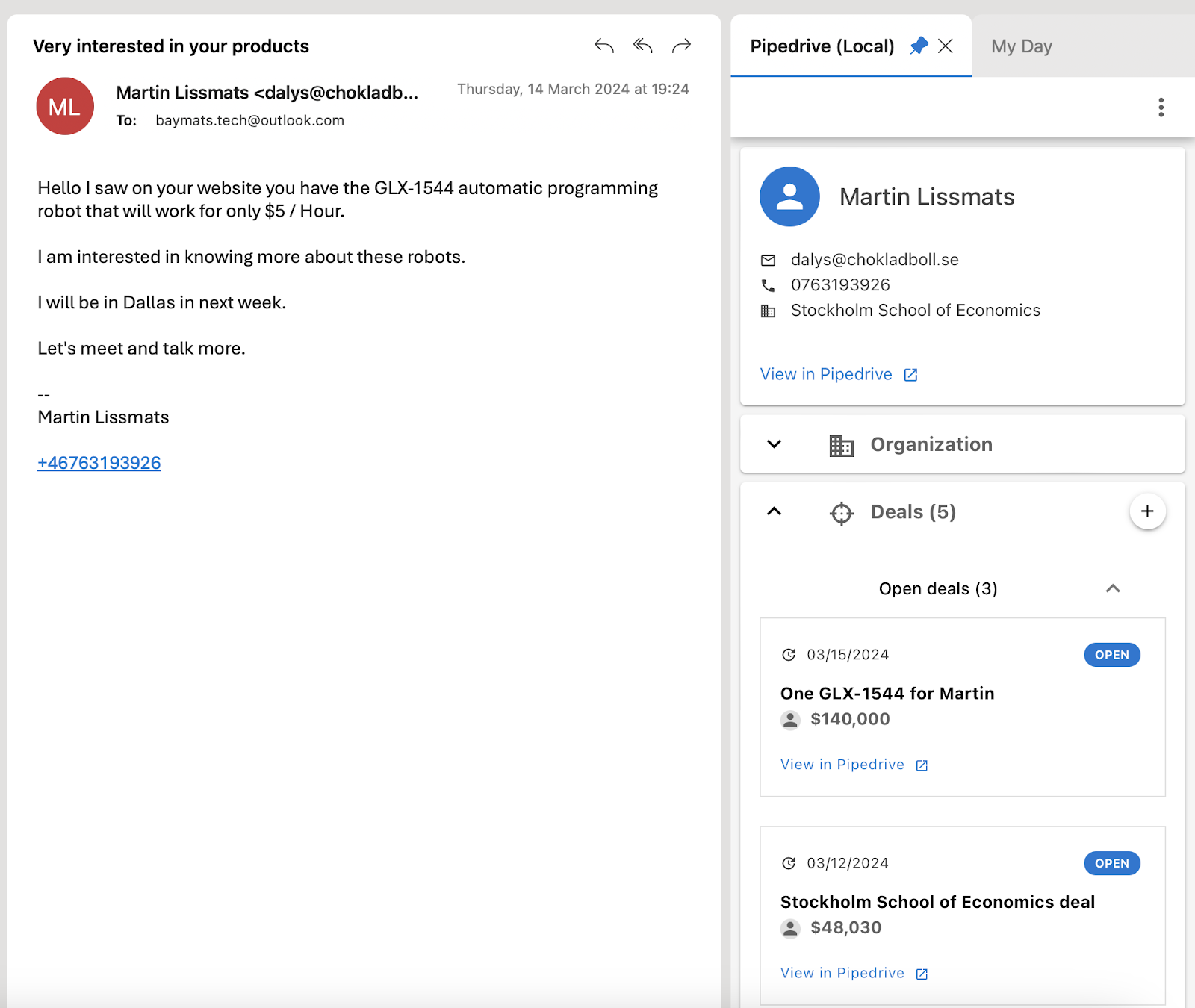 A screenshot shows the Pipedrive sidebar in Outlook