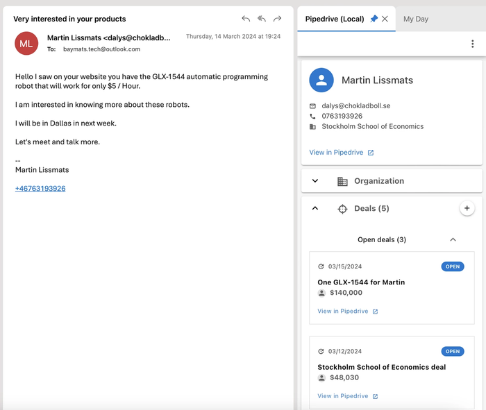 A screenshot shows the Pipedrive sidebar in Outlook