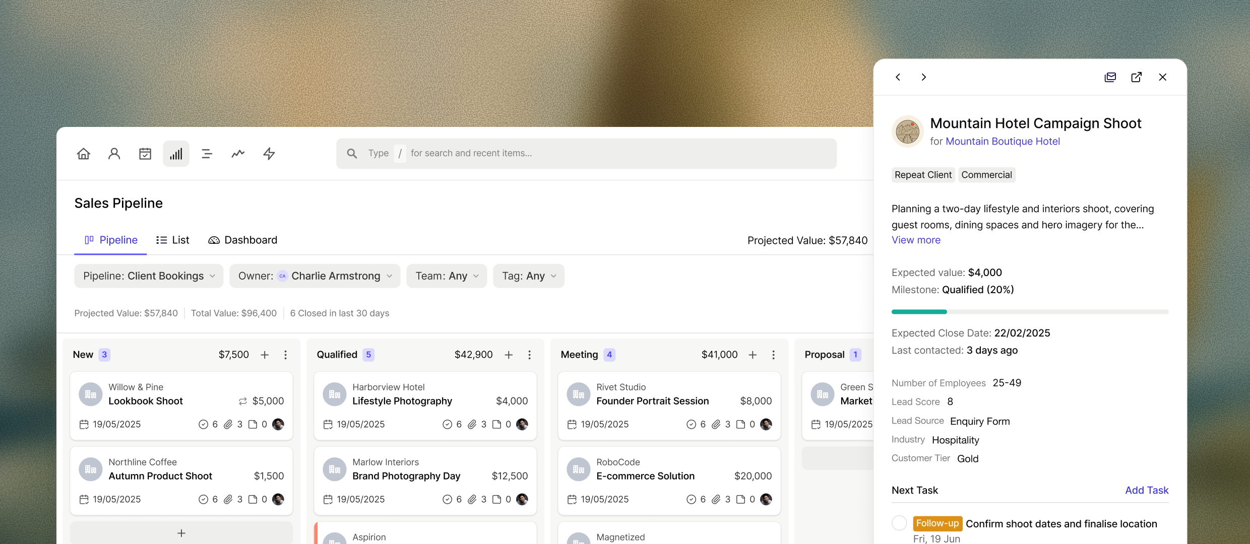 A digital sales pipeline interface showing project cards organized by stage and a detailed view of the "Mountain Hotel Campaign Shoot" project.