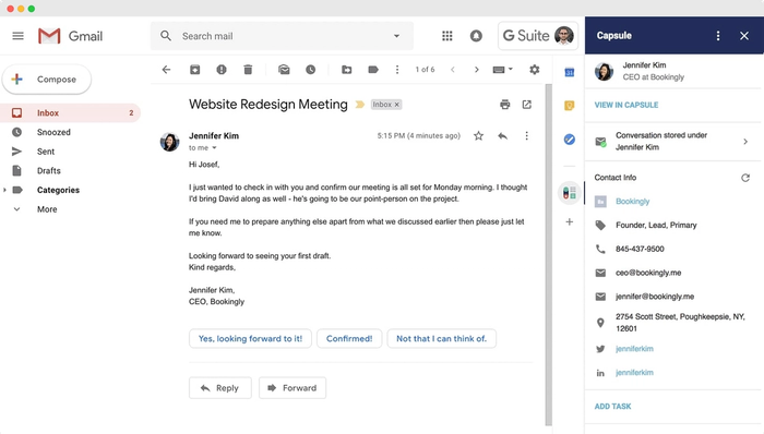Gmail interface with Capsule CRM sidebar displaying contact details, email history, and quick access to CRM records for Jennifer Kim, CEO at Bookingly.