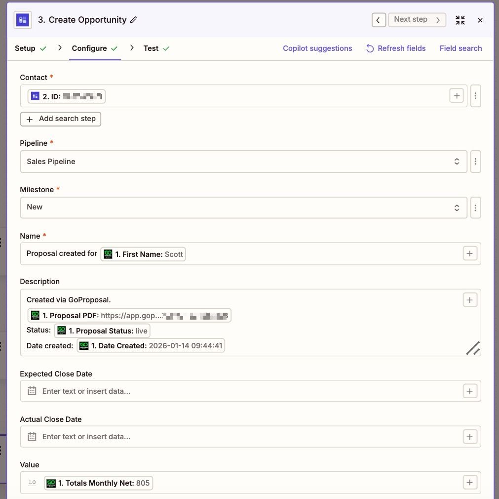 champs mappés pour créer une nouvelle opportunité dans Capsule via Zapier
