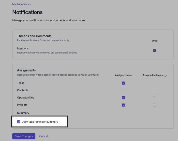 Check box in the user preferences notification section, enabling the daily task reminder email