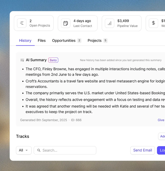 A software interface showing an AI summary of client history, including open projects, last contact, pipeline value, and meeting details.
