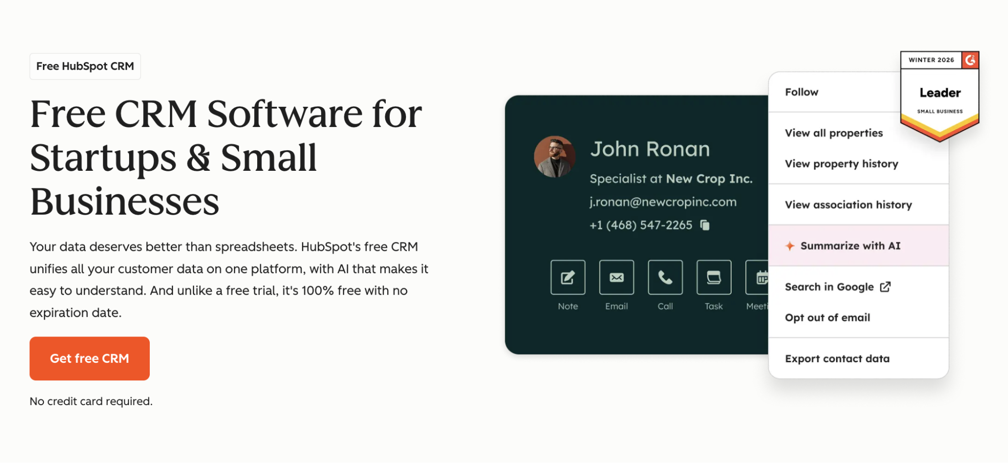 HubSpot CRM interface showing a contact profile, a dropdown menu with 'Summarize with AI' highlighted, a 'Leader' badge, and the headline 'Free CRM Software for Startups & Small Businesses'.