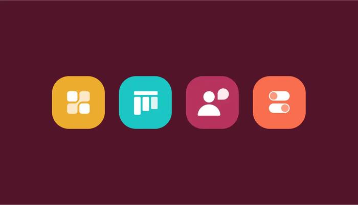 a set of colorful icons on a maroon background .