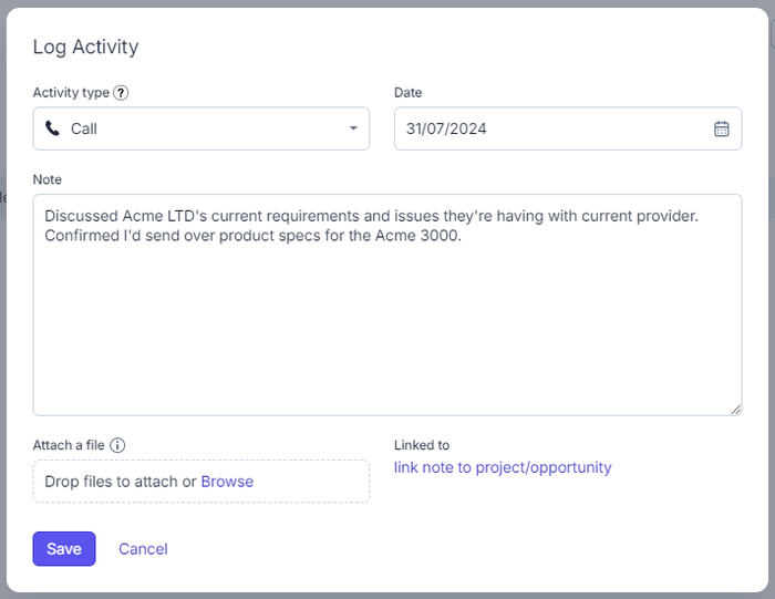 A screenshot shows the functionality in Capsule to log your calls, meetings and other engagement with your leads and contacts