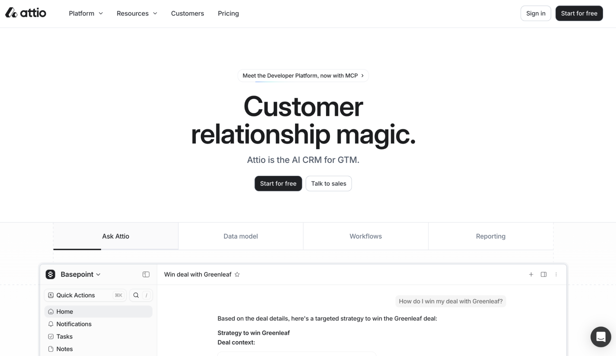 Attio AI CRM interface showing "Customer relationship magic" and an AI chat generating a sales strategy for a deal.