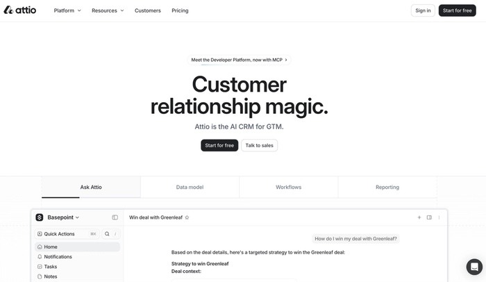 Attio AI CRM interface showing "Customer relationship magic" and an AI chat generating a sales strategy for a deal.