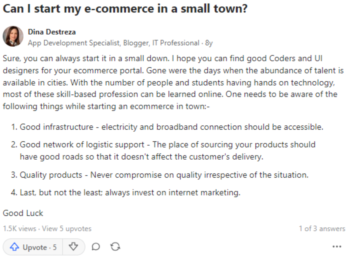 a question about starting an e-commerce business in a small town