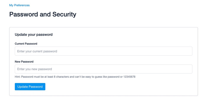 password update form in my preferences