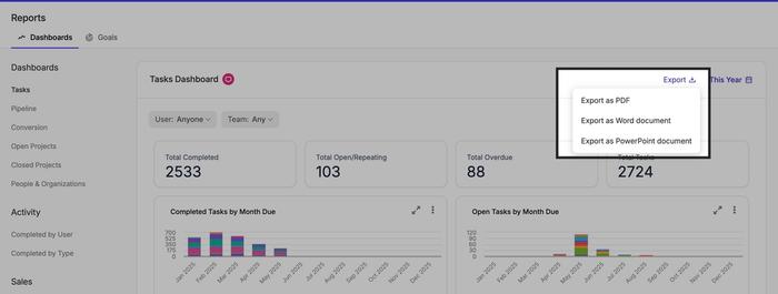 exporter le tableau de bord en PDF, document Word ou document PowerPoint