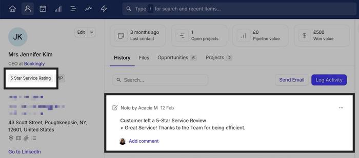 showing feefo review tag and note added to capsule contact from zapier