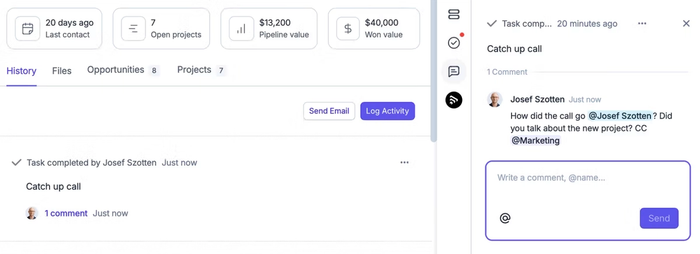 a screenshot of Capsule CRM shows how easy it is to leave comments on contact records and opportunities to discuss work where it happens with your team