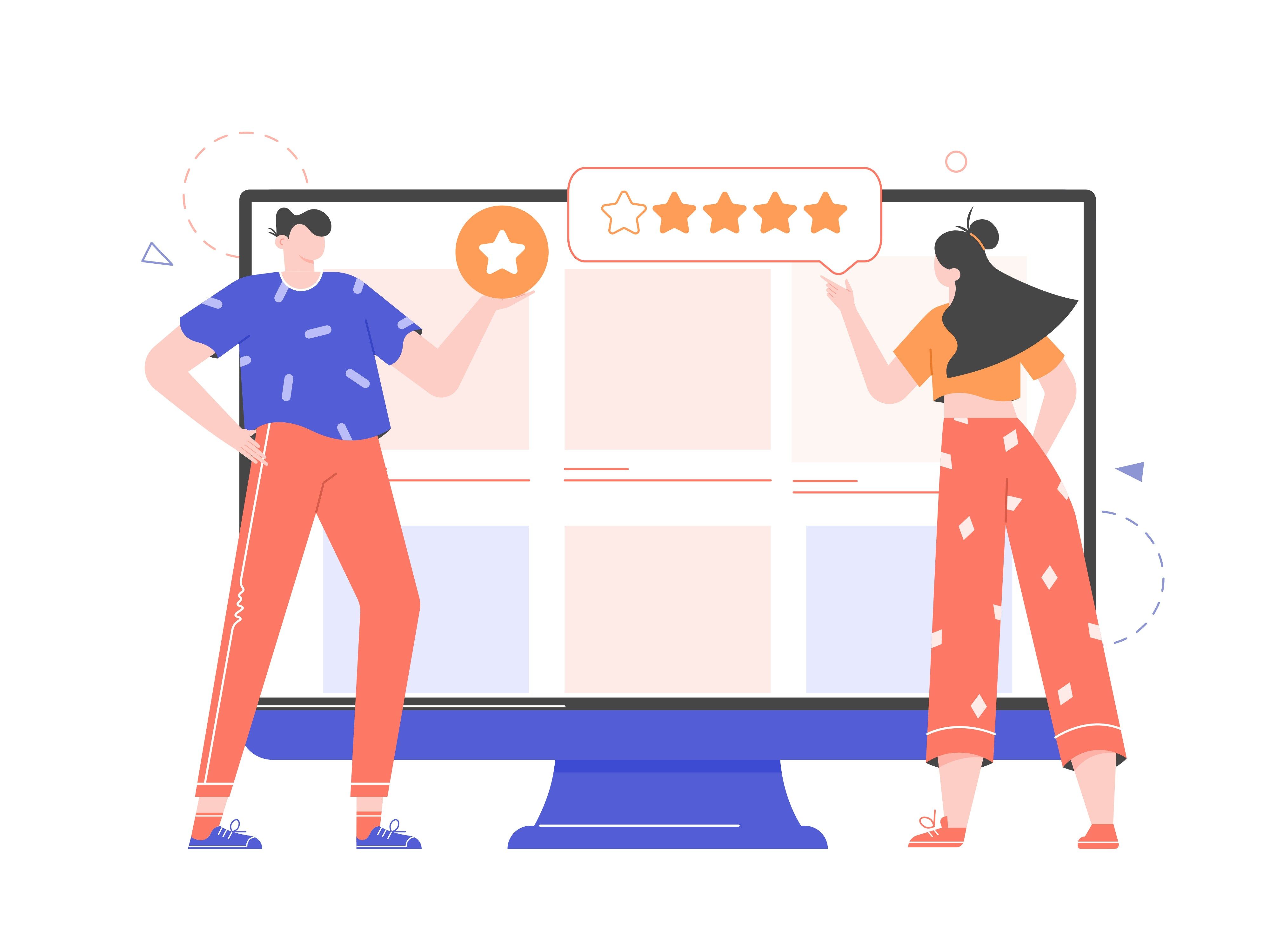 Illustration demonstrates shoppers leaving satisfaction scores of a website