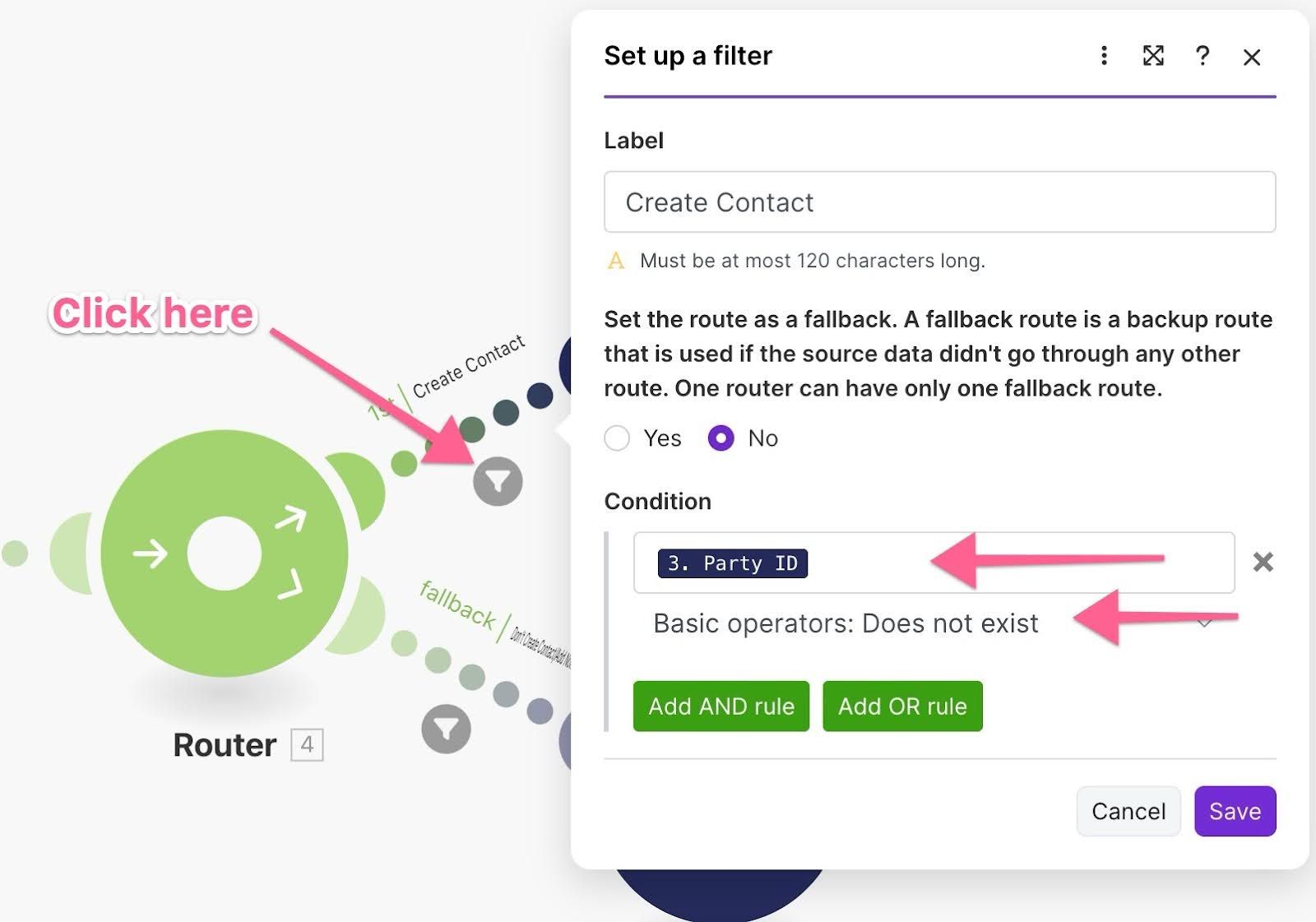 router path highlighted in mailerlite scenario for when capsule contact does not exist